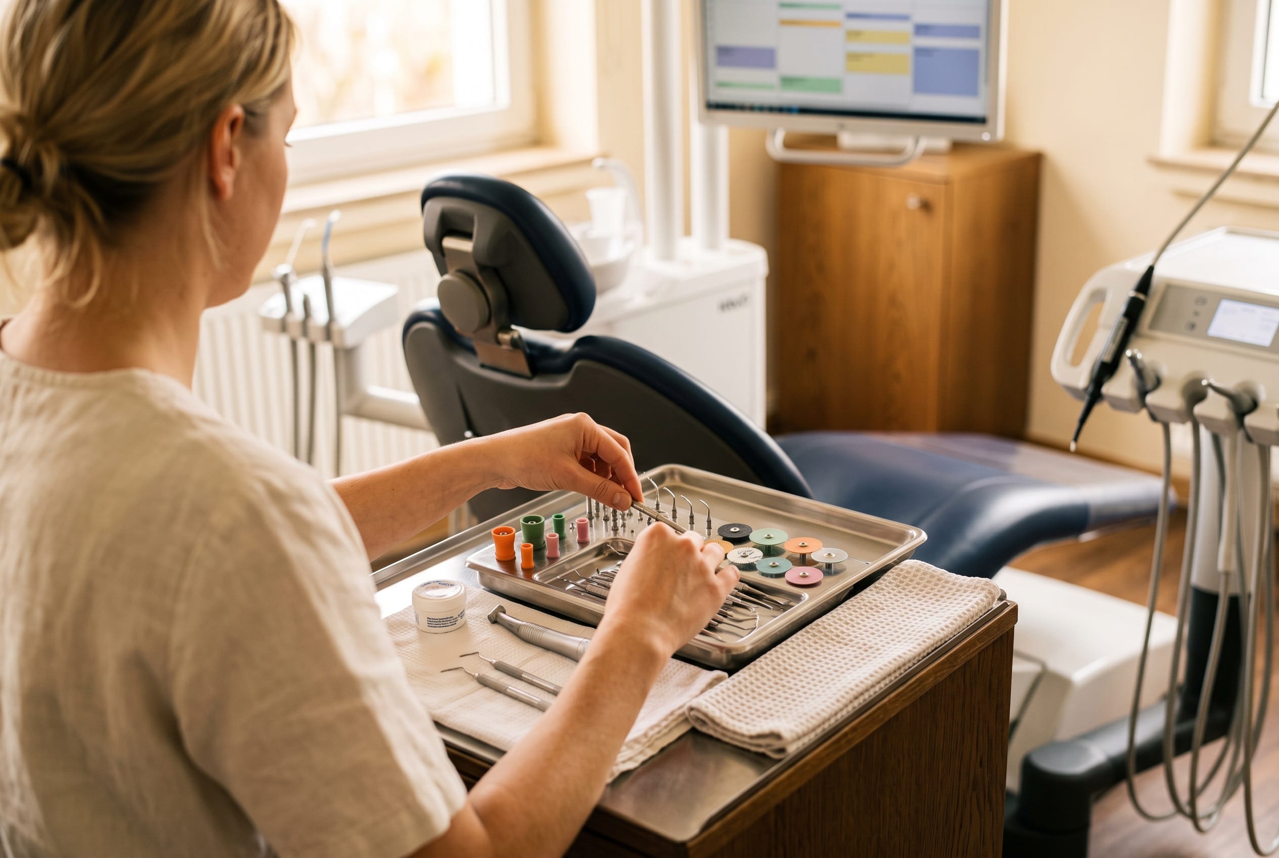 Prophylaxeassistentin am Behandlungsstuhl im hellen Behandlungsraum