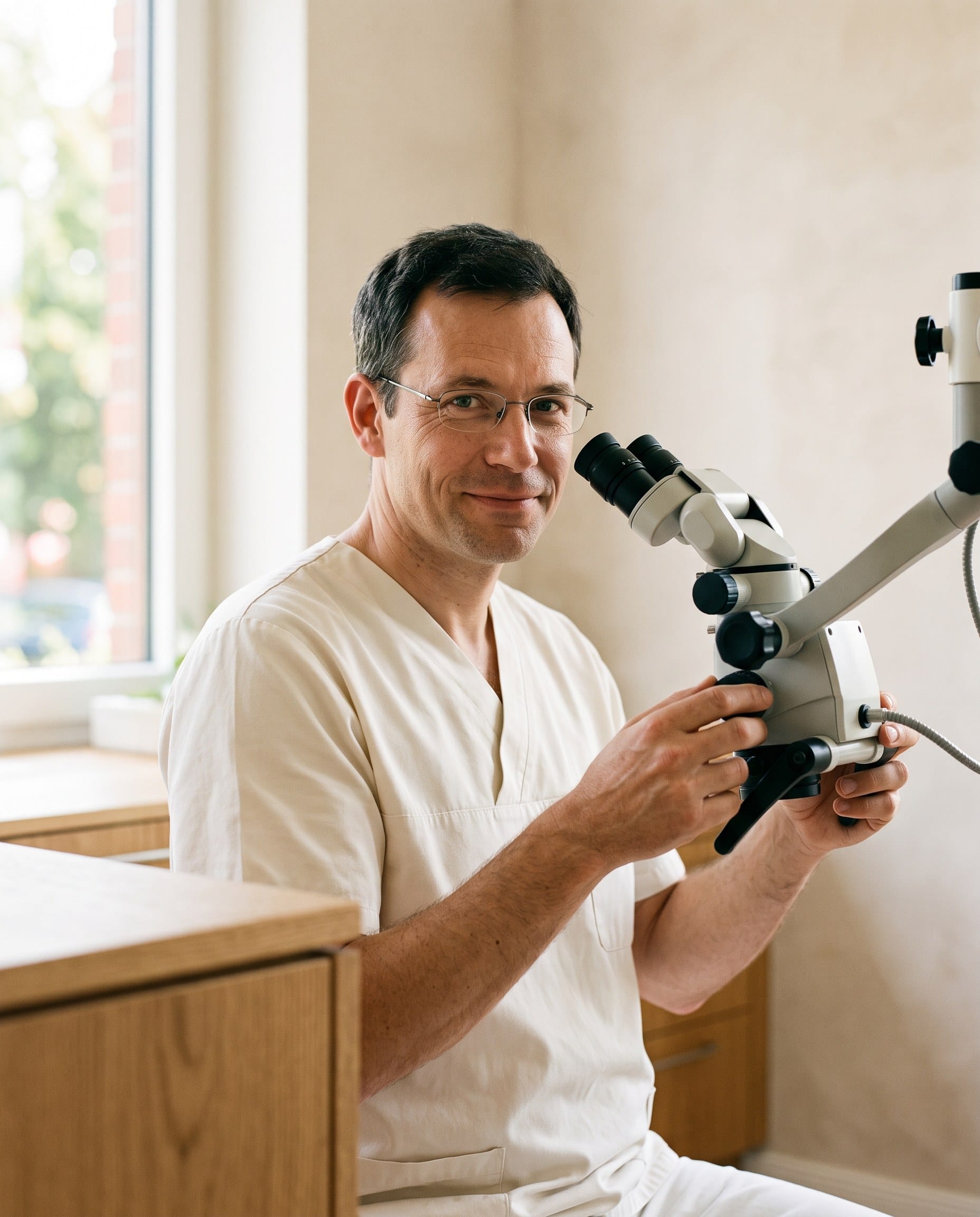 Dr. Jonas Wiedemann am Behandlungsmikroskop